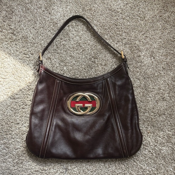 Authentic Gucci Medium Britt Hobo Dark Brown Leather Shoulder Bag with Logo - Picture 1 of 13
